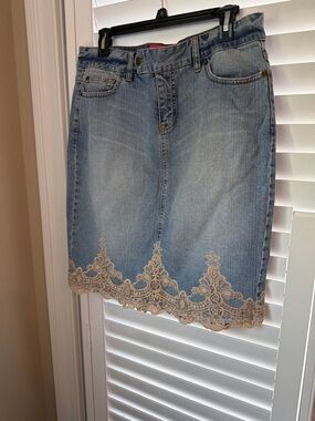 The Limited Light Blue Denim Skirt with Beige Lace Trim